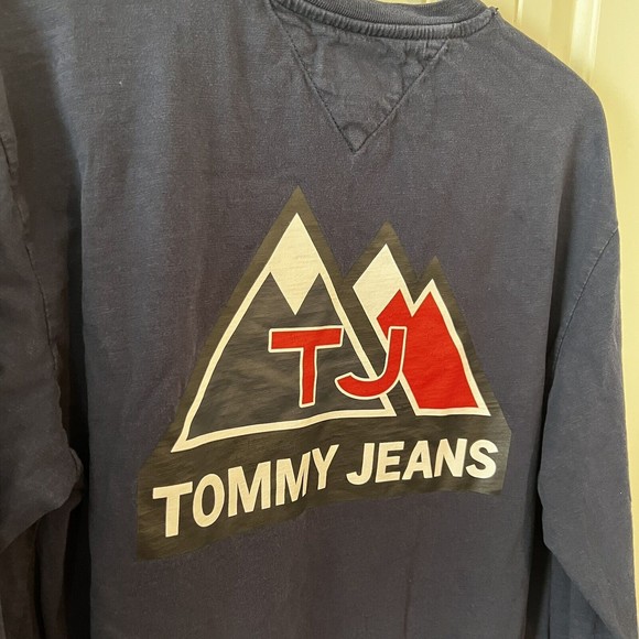Tommy Jeans USA Men’s Medium Mountain Logo Long Sleeve Spell out T-Shirt Blue - Picture 9 of 11